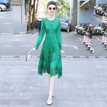 Весеннее платье 2023 года, шифоновая юбка с высококачественной вышивкой, детское платье с рукавом-фонариком, модное темпераментное зеленое платье