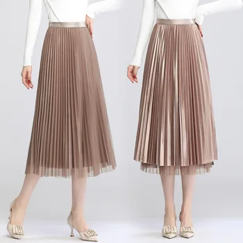 Весенние богемные плиссированные юбки Макси, женские летние однотонные эластичные шифоновые длинные юбки-пачки с высокой талией, Элегантные дамы, 2 слоя