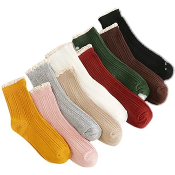 Весенние Кружевные носки с оборками, женские Милые хлопчатобумажные Носки для милой девушки, однотонные Японские женские короткие Женские носки