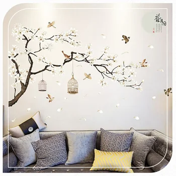 Винтажная наклейка на стену в виде цветка и Птицы, Наклейка для декора стен гостиной в китайском стиле, настенная роспись, 3D Ветка дерева, Наклейка с зелеными листьями