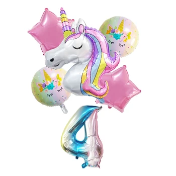 Воздушный шар для детей с изображением единорога на 4-й день рождения, номер из фольги, воздушные шары для девочек с изображением единорога на 5-й день рождения, украшения для вечеринки, принадлежности для душа с единорогом
