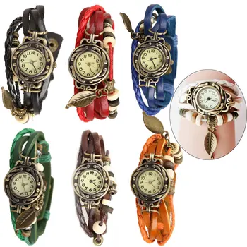 Высококачественный Женский повседневный Винтажный Многослойный кулон в виде листьев, Кожаный браслет, женские наручные часы, плетеные часы ручной работы, Рождественский подарок