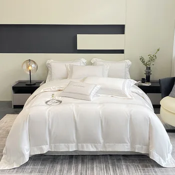Высококачественный комплект постельного белья из хлопка с длинным штапелем 100S, роскошная белая вышивка, набор пододеяльников гостиничного качества с простынями и наволочкой