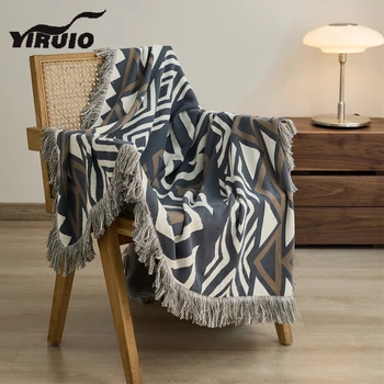 Вязаное одеяло YIRUIO Modern Chic с бахромой, Геометрический узор, Декоративное одеяло для дивана-кровати, Мягкое хлопчатобумажное пушистое толстое одеяло