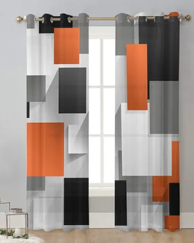 Геометрические фигуры Оранжево-серая Черная занавеска Тюлевые занавески для гостиной, Обработка кухонных окон, вуалевые занавески