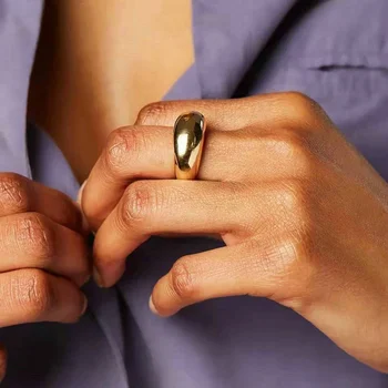Гладкие массивные кольца для женщин из нержавеющей стали с покрытием 18 карат, водонепроницаемые ювелирные аксессуары