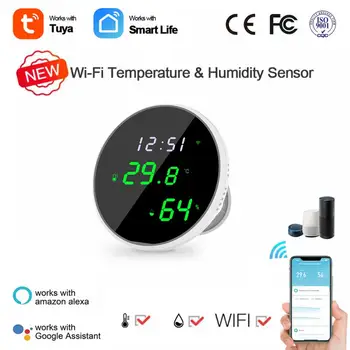 Датчик температуры и влажности Tuya WiFi с ЖК-дисплеем, кнопка срабатывания сигнализации, работающая с Alexa Google Home Smart Life