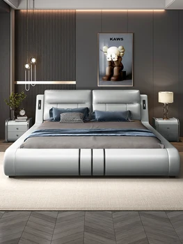 Двуспальная кровать из натуральной кожи, современная минималистичная воловья кожа, большая кровать 1,8 м, легкая роскошь, многофункциональная мягкая кровать в главной спальне