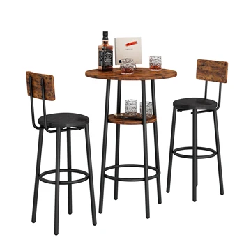 Двухслойный круглый барный стол с 2 барными стульями, стол для завтрака с мягкой спинкой из искусственной кожи.(Коричневый в деревенском стиле, 23,62 ’ш x 23,62 ’г x 35,43’в)