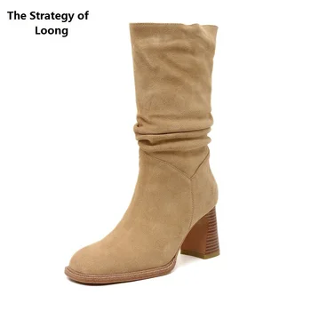 Демисезонный британский стиль, женские ботинки до середины икры на высоком каблуке с квадратным носком, плиссированные, из натуральной кожи, зимние плюшевые внутри, 2201