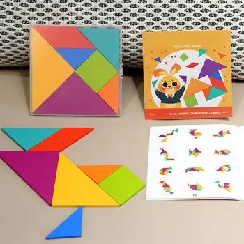 Деревянный набор головоломок Танграм Красочный геометрический узор Игра-головоломка в форме пазла Для детей, Развивающая Обучающая игра для детей