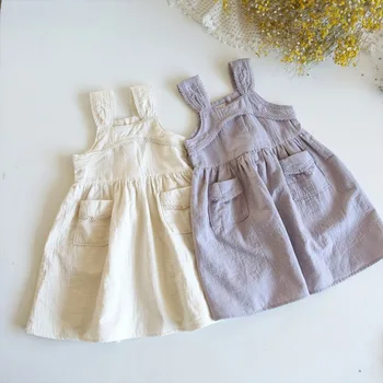 Детское платье в Корейском стиле, Весна-лето 2023, Новое платье на подтяжках без рукавов для девочек, однотонная юбка для маленьких Девочек