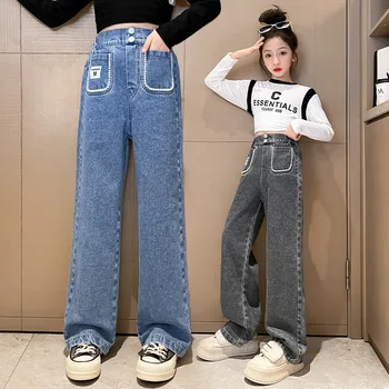Джинсы в стиле ретро для девочек, повседневный стиль, винтажные джинсовые широкие брюки, весенне-осенняя детская одежда 6, 8, 10, 12, 13, 14 лет