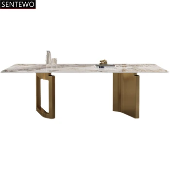 Дизайнерский роскошный обеденный стол из мраморной плиты 4 6 8 стульев mesa de jantar tische furniture comedor с золотой основой из нержавеющей стали