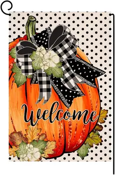 Добро Пожаловать в Осенний Тыквенный садовый флаг 12x18 дюймов Вертикальный двусторонний декор из мешковины в оранжевую точку на Хэллоуин, День Благодарения, на открытом воздухе во дворе