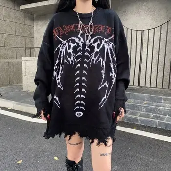 Жаккард с темными готическими буквами, свободный свитер оверсайз, мужская уличная одежда, женский модный американский трикотаж в стиле хип-хоп.