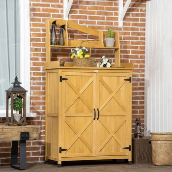 Желтый уличный шкаф для хранения и стол для горшков, деревянная садовая скамейка со шкафом для патио и магнитными дверцами, для садов на заднем дворе