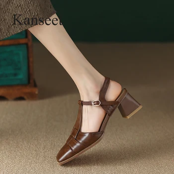 Женская обувь Kanseet Лето 2023, Римские сандалии из натуральной кожи с квадратным носком, Новый ремешок с пряжкой, Повседневная женская обувь на среднем каблуке, Размеры 42