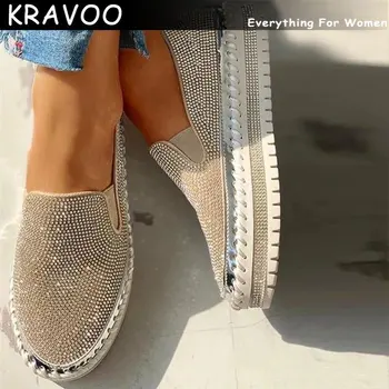 Женская обувь KRAVOO, Лоферы со стразами, женские туфли-лодочки, женская обувь на платформе без застежки, однотонная спортивная обувь, Модная новинка лета 2023 г.