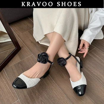 Женская обувь KRAVOO, разноцветные повседневные босоножки, туфли-лодочки на квадратном каблуке, женские туфли-лодочки из твида и розы, роскошная обувь Mary Janes 2023 г.