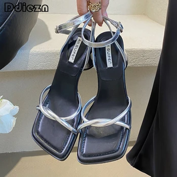 Женская обувь Женские туфли-лодочки Летние Элегантные женские босоножки на высоком каблуке для вечеринок, модные дизайнерские женские босоножки с квадратным носком, 2023, Черные шлепанцы, обувь