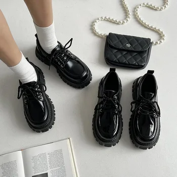 Женская обувь из однотонной черной кожи, Весна-осень 2023, новинка, на шнуровке, в английском стиле, ретро, Универсальная обувь на плоской платформе