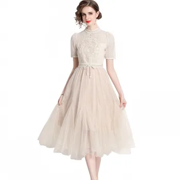 Женская одежда во французском стиле с небольшими ароматами Сетчатое лоскутное платье с высокой талией средней длины Vestido Robe