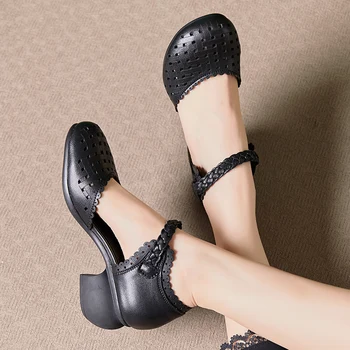 Женские босоножки из натуральной кожи 5 см На массивном каблуке, женские модные дизайнерские туфли на плоской подошве с круглым носком, летняя Аутентичная Элегантность, Роскошная обувь
