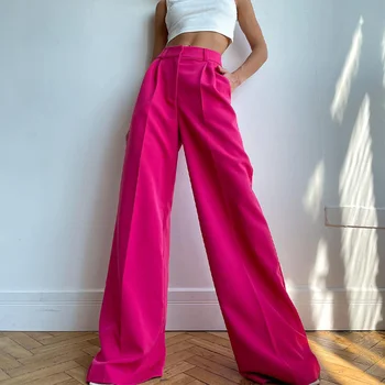 Женские брюки с высокой талией, широкие брюки, женские модные широкие брюки оверсайз, женские повседневные длинные брюки для костюма, синие розовые женские брюки