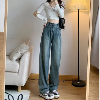 Женские джинсы в американском ретро стиле с высокой талией, свободные, узкие, широкие брюки, весенне-осенняя женская одежда в корейском стиле, Y2k, мешковатые, корейские.