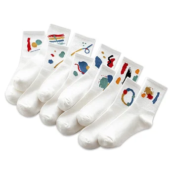 Женские Красочные хлопчатобумажные носки с граффити, мужские Уличные Модные Белые носки средней длины, унисекс, Повседневные Спортивные длинные носки в Корейском стиле