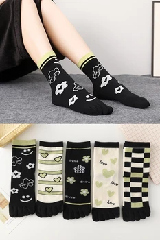 Женские носки с пятью пальцами, хлопковые носки с цветочками, Носки с 5 пальцами, Четыре сезона, Дышащие забавные черные носки с раздельным носком, комплект