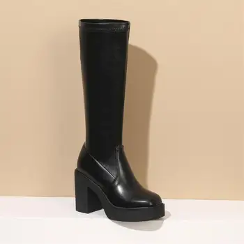 Женские сапоги до колена 2023, зимняя женская обувь на платформе и квадратном каблуке в стиле панк, черные женские ботинки на высоком каблуке, Размер 43, Прямая поставка