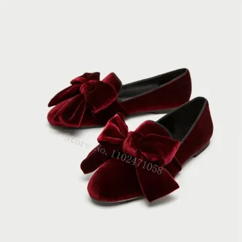 Женские туфли-лодочки в стиле ретро из красного бархата с круглым носком в виде бабочки, Неглубокие балетки без застежки, Элегантные женские вечерние свадебные туфли