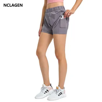 Женские шорты для бега NCLAGEN с карманами, искусственные Эластичные штаны для йоги с высокой талией из 2 частей, Летние Джоггеры для фитнеса, спортивные шорты для бега трусцой
