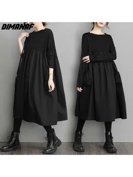 Женское платье DIMANAF, винтажное однотонное свободное платье оверсайз, элегантное женское черное длинное платье из хлопка, повседневное, 2022