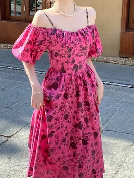 Женское платье на раннюю весну 2023 года, новое элегантное платье в стиле французской Хепберн, высококачественное розово-красное платье с оборками и цветочным рисунком, женская одежда