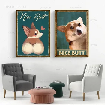 Забавная собака Корги, картина на холсте, мультфильм для питомника, красивые плакаты с изображением животных, настенная картина для туалета, ванной комнаты, домашнего декора