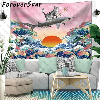 Забавный океанский гобелен ForeverStar, Веселый Кот Верхом на крутой акуле на океанской волне, настенный гобелен Японского аниме 