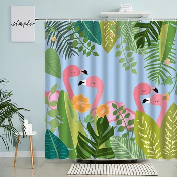 Занавеска для душа с тропическими растениями, Розовые цветы Фламинго, Попугай, Пальмовые листья, Декор стен в ванной комнате С водонепроницаемым экраном на крючке