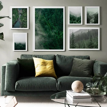 Зеленое горное дерево, Лесной туман, современная настенная живопись, плакаты на скандинавскую тему и принты, настенные панно для декора гостиной