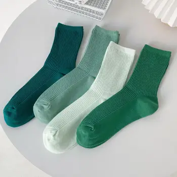 Зеленые Носки Однотонные Хлопчатобумажные носки средней длины с двойной иглой в стиле колледжа, Студенческие носки, Чулки, Женские носки, Носки для мужчин