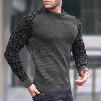Зимний мужской вязаный свитер, европейская и американская мужская мода, вафельный топ, вязаный длинный рукав, круглый вырез, тонкий многоцветный пуловер