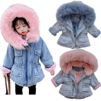 Зимняя теплая куртка для девочек, детская бархатная джинсовая куртка, детская одежда, куртка с меховым воротником для маленьких девочек, куртка с капюшоном для малышей