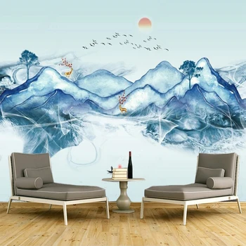 Изготовленная на заказ 3D фреска в китайском стиле, природный пейзаж, Голубые горы, Роспись тушью, Обои, Спальня, гостиная, ТВ-фон, декор стен