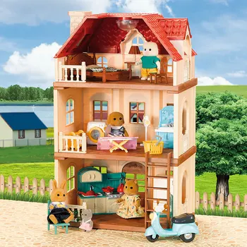 Имитационная кухня, Лесной Семейный Домик, Двойная трехэтажная вилла, Олень, модель животного, Кукольный домик, мебель, игрушки, подарки