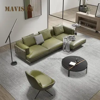 Итальянский кожаный ретро-зеленый диван первого слоя, диван размером с гостиную, мебель для квартиры, Минималистичный секционный диван высокого класса