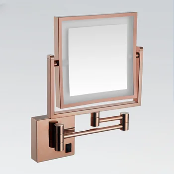 Квадратное зеркало для ванной со светодиодной подсветкой, качественная латунь, 3-кратное увеличение, Женские зеркала для макияжа, Настенные Складные зеркала для ванной со светодиодной подсветкой из розового золота