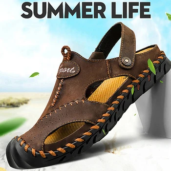 Классические мужские сандалии из натуральной кожи, Летние пляжные сандалии, Удобная мужская водонепроницаемая обувь, Большие размеры, Мягкие уличные мужские римские сандалии