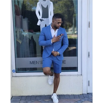 Классические синие Модные Мужские костюмы с отворотом на выпускной Terno Masculino, Блейзер для жениха, куртка + Короткие брюки, Мужская одежда из двух частей
